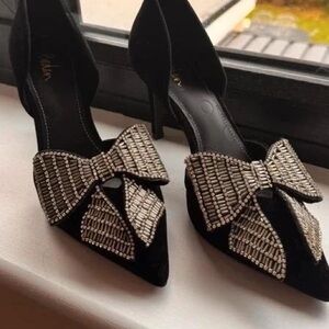 Boden Black Heels with Silver Bow Detail